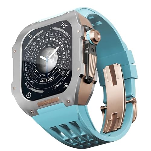 KANUZ Gummiband, Titan-Lünette für Apple Watch 6/5/4/SE, Apple Mod Watch, Zubehör, Ersatz-Titan, Luxus-Gehäuse, kompatibel mit iWatch Serie 44 mm mit Werkzeug (Farbe: Blau 65, Größe: 44 mm) von KANUZ