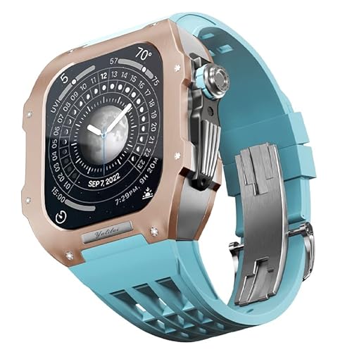 KANUZ Gummiband, Titan-Lünette für Apple Watch 6/5/4/SE, Apple Mod Watch, Zubehör, Ersatz-Titan, Luxus-Gehäuse, kompatibel mit iWatch Serie 44 mm mit Werkzeug (Farbe: Blau 8, Größe: 44 mm) von KANUZ