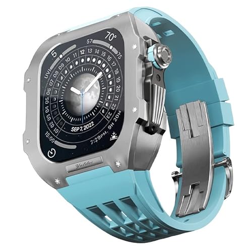 KANUZ Gummiband, Titan-Lünette für Apple Watch 6/5/4/SE, Apple Mod Watch, Zubehör, Ersatz-Titan, Luxus-Gehäuse, kompatibel mit iWatch Serie 44 mm mit Werkzeug (Farbe: Blau 9, Größe: 44 mm) von KANUZ