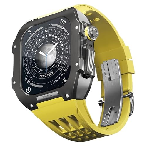 KANUZ Gummiband, Titan-Lünette für Apple Watch 6/5/4/SE, Apple Mod Watch, Zubehör, Ersatz-Titan, Luxus-Gehäuse, kompatibel mit iWatch Serie 44 mm mit Werkzeug (Farbe: Gelb 7, Größe: 44 mm) von KANUZ