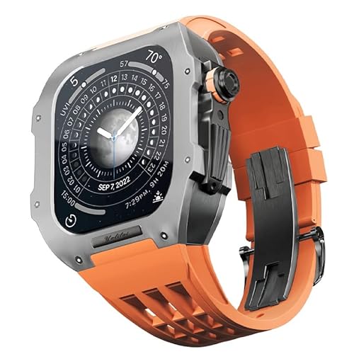 KANUZ Gummiband, Titan-Lünette für Apple Watch 6/5/4/SE, Apple Mod Watch, Zubehör, Ersatz-Titan, Luxus-Gehäuse, kompatibel mit iWatch Serie 44 mm mit Werkzeug (Farbe: Orange 3, Größe: 44 mm) von KANUZ