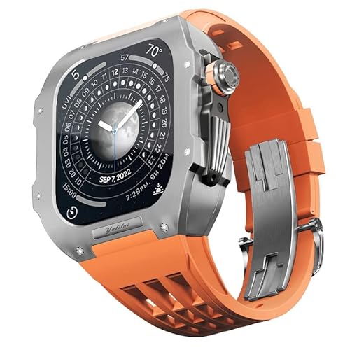 KANUZ Gummiband, Titan-Lünette für Apple Watch 6/5/4/SE, Apple Mod Watch, Zubehör, Ersatz-Titan, Luxus-Gehäuse, kompatibel mit iWatch Serie 44 mm mit Werkzeug (Farbe: Orange 9, Größe: 44 mm) von KANUZ