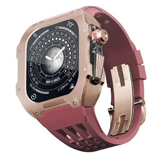 KANUZ Gummiband, Titan-Lünette für Apple Watch 6/5/4/SE, Apple Mod Watch, Zubehör, Ersatz-Titan, Luxus-Gehäuse, kompatibel mit iWatch Serie 44 mm mit Werkzeug (Farbe: dunkelrot 5, Größe: 44 mm) von KANUZ