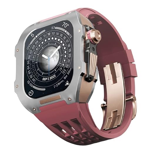 KANUZ Gummiband, Titan-Lünette für Apple Watch 6/5/4/SE, Apple Mod Watch, Zubehör, Ersatz-Titan, Luxus-Gehäuse, kompatibel mit iWatch Serie 44 mm mit Werkzeug (Farbe: dunkelrot 6, Größe: 44 mm) von KANUZ