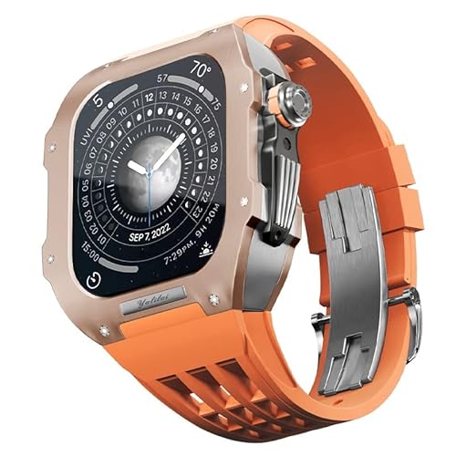 KANUZ Gummiband, Titan-Lünette für Apple Watch 8/7, Apple Mod Watch, Zubehör, Ersatz-Titan, Luxus-Gehäuse, kompatibel mit iWatch Serie 45 mm, mit Werkzeug (Farbe: Orange 8, Größe: 45 mm) von KANUZ