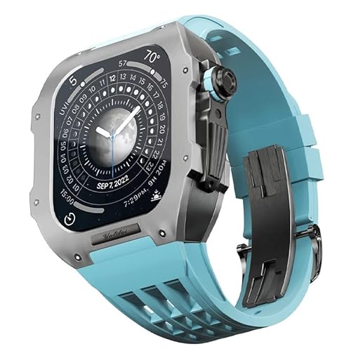 KANUZ Gummiband, Titan-Lünette für Apple Watch 8/7, Apple Mod Watch, Zubehör, Ersatz-Titan, luxuriöses Gehäuse, kompatibel mit iWatch Serie 45 mm, mit Werkzeug (Farbe: Blau 3, Größe: 45 mm) von KANUZ