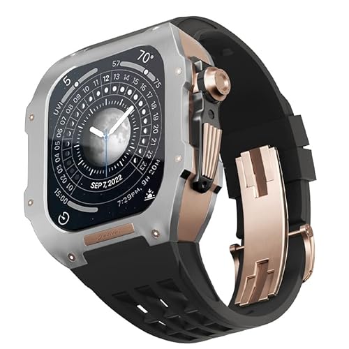 KANUZ Gummiband, Titan-Lünette für Apple Watch 8/7, Apple Mod Watch, Zubehör, Ersatz-Titan, luxuriöses Gehäuse, kompatibel mit iWatch Serie 45 mm, mit Werkzeug (Farbe: Schwarz 6, Größe: 45 mm) von KANUZ