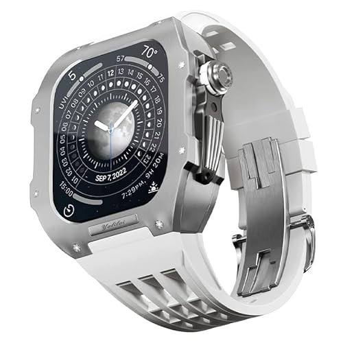 KANUZ Gummiband, Titan-Lünette für Apple Watch 8/7, Apple Mod Watch, Zubehör, Ersatz-Titan, luxuriöses Gehäuse, kompatibel mit iWatch Serie 45 mm, mit Werkzeug (Farbe: Weiß 9, Größe: 45 mm) von KANUZ