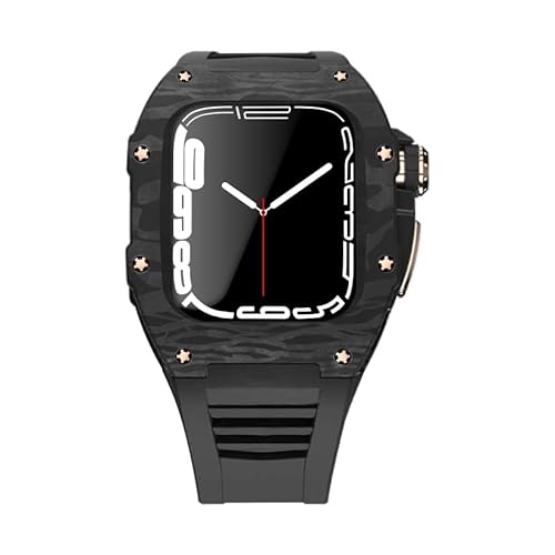 KANUZ Kohlefaser-Gehäuse für Apple Watch 7, 44 mm, 45 mm, Gummiband, luxuriöses Carbon-Set, Rahmenlünette, Modifikationsset für iWatch 7, 6, 5, 4 SE (Farbe: RGBB, Größe: 44 mm für 6/5/4/SE) von KANUZ