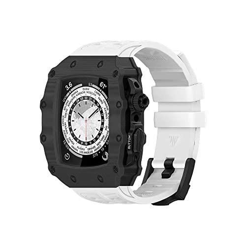 KANUZ Kohlefaser-Gehäuse für Apple Watch 8, 7, 44 mm, 45 mm, Gummiband, luxuriöses Carbon-Set, Rahmenlünette, Modifikationsset für iWatch 8, 6, 5 SE (Farbe: BBW, Größe: 45 mm für 8/7) von KANUZ
