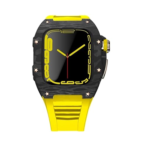 KANUZ Kohlefaser-Schutzhülle für Apple Watch 7, 44 mm, 45 mm, Gummiband, luxuriöses Carbon-Set, Rahmenlünette, Modifikationsset für iWatch 7, 6, 5, 4 SE (Farbe: RGBY, Größe: 45 mm für 7) von KANUZ