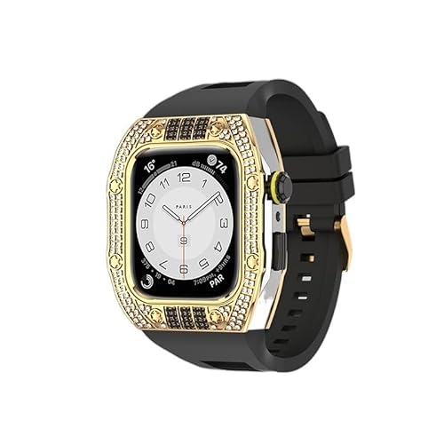 KANUZ Luxuriöses Diamantgehäuse-Modifikationsset für iWatch 8, 7, 6, SE, 5, 4, Gummiband, 44 mm, 45 mm, für Apple Watch, Metallbeze-Uhrenarmband (Farbe: Diamond-Black-SGB, Größe: 45 mm) von KANUZ