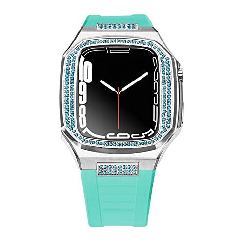 KANUZ Luxuriöses Gummiband und Metallgehäuse für Apple Watch, 44 mm, 45 mm, Diamant-Schutz, Edelstahl für iWatch 7, SE, 6, 5, 4, Zubehör (Farbe: Blau, Silber 2, Größe: 45 mm für 7) von KANUZ