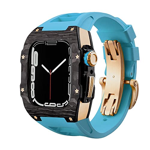 KANUZ Luxuriöses Kohlefaser-Gehäuseband-Set für Apple Watch 8, 7, 45 mm, 6, 5, 4 SE, 44 mm, Gummiband, DIY-Modifikationsset für iWatch 44 mm, 45 mm (Farbe: Blau rg, Größe: 44 mm) von KANUZ