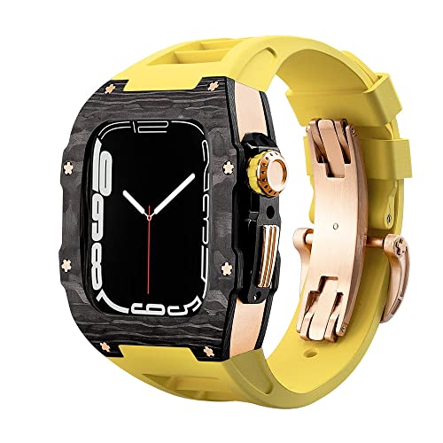 KANUZ Luxuriöses Kohlefaser-Gehäuseband-Set für Apple Watch 8, 7, 45 mm, 6, 5, 4 SE, 44 mm, Gummiband, DIY-Modifikationsset für iWatch 44 mm, 45 mm (Farbe: Gelb rg, Größe: 45 mm) von KANUZ