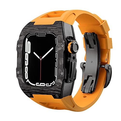 KANUZ Luxuriöses Kohlefaser-Gehäuseband-Set für Apple Watch 8, 7, 45 mm, 6, 5, 4 SE, 44 mm, Gummiband, DIY-Modifikationsset für iWatch 44 mm, 45 mm (Farbe: Orange-Schwarz, Größe: 44 mm) von KANUZ