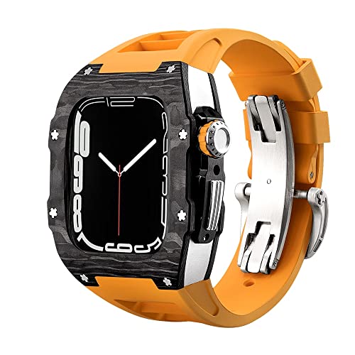 KANUZ Luxuriöses Kohlefaser-Gehäuseband-Set für Apple Watch 8, 7, 45 mm, 6, 5, 4 SE, 44 mm, Gummiband, DIY-Modifikationsset für iWatch 44 mm, 45 mm (Farbe: Orange-Silber, Größe: 44 mm) von KANUZ