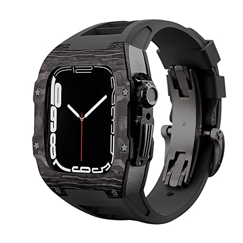 KANUZ Luxuriöses Kohlefaser-Gehäuseband-Set für Apple Watch 8, 7, 45 mm, 6, 5, 4 SE, 44 mm, Gummiband, DIY-Modifikationsset für iWatch 44 mm, 45 mm (Farbe: Schwarz / Schwarz, Größe: 45 mm) von KANUZ