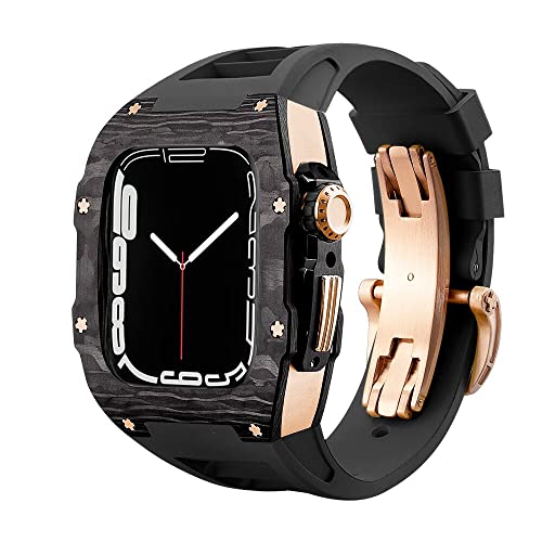 KANUZ Luxuriöses Kohlefaser-Gehäuseband-Set für Apple Watch 8, 7, 45 mm, 6, 5, 4 SE, 44 mm, Gummiband, DIY-Modifikationsset für iWatch 44 mm, 45 mm (Farbe: Schwarz rg, Größe: 45 mm) von KANUZ