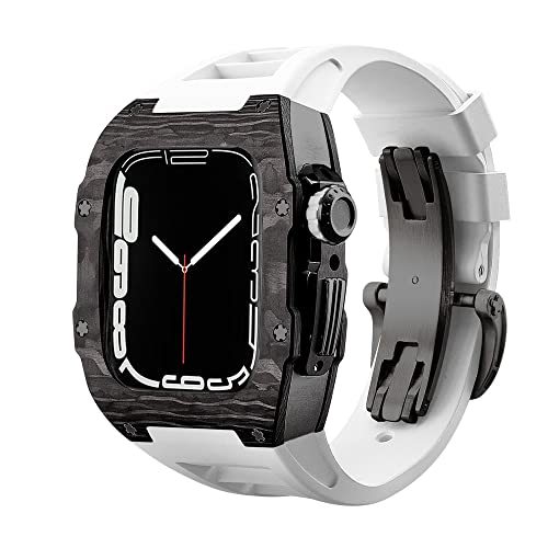 KANUZ Luxuriöses Kohlefaser-Gehäuseband-Set für Apple Watch 8, 7, 45 mm, 6, 5, 4 SE, 44 mm, Gummiband, DIY-Modifikationsset für iWatch 44 mm, 45 mm (Farbe: Weiß / Schwarz, Größe: 45 mm) von KANUZ