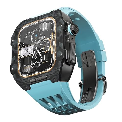 KANUZ Luxuriöses Kohlefaser-Modifikationsset für iWatch 6, 5, 4, 44 mm, Metallgehäuse, Gummiband-Set für Apple Watch Serie 7, 45 mm (Farbe: Blau, Größe: 44 mm für 6/5/4/SE) von KANUZ