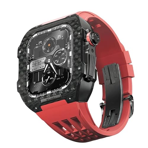 KANUZ Luxuriöses Kohlefaser-Modifikationsset für iWatch 6, 5, 4, 44 mm, Metallgehäuse, Gummiband-Set für Apple Watch Serie 7, 45 mm (Farbe: Rot, Größe: 44 mm für 6/5/4/SE) von KANUZ