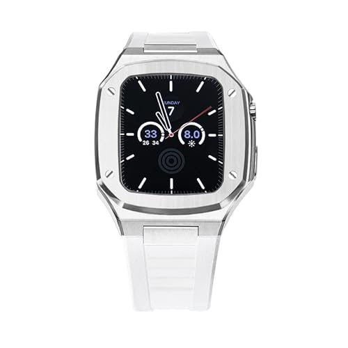 KANUZ Luxuriöses Metall-Lünettenrahmen-Gummiband für Apple Watch Gehäuse 8, 7, 6, 5, 4, 3, 2, 45 mm, 41 mm, 44 mm, Edelstahl-Modifikationsset für iWatch (Farbe: Gummi, Silber, Weiß, Größe: 44 mm) von KANUZ