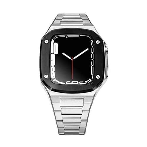 KANUZ Luxuriöses Metall-Lünettenrahmen-Gummiband für Apple Watch Gehäuse 8, 7, 6, 5, 4, 3, 2, 45 mm, 41 mm, 44 mm, Edelstahl-Modifikationsset für iWatch (Farbe: Steel SB, Größe: 45 mm) von KANUZ