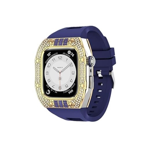 KANUZ Luxus-Diamant-Gehäuse-Modifikationsset für iWatch 8, 7, 6, SE, 5, 4, Gummiband, 44 mm, 45 mm, für Apple Watch, Metallbeze-Uhrenarmband (Farbe: Diamant-Blau, GNU, Größe: 45 mm) von KANUZ