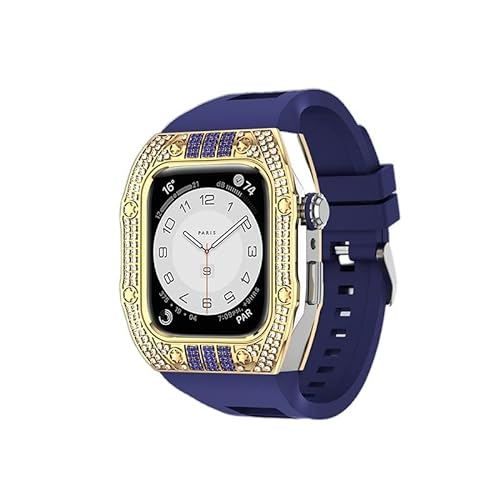 KANUZ Luxus-Diamant-Gehäuse-Modifikationsset für iWatch 8, 7, 6, SE, 5, 4, Gummiband, 44 mm, 45 mm, für Apple Watch, Metallbeze-Uhrenarmband (Farbe: Diamant-Blau, Größe: 44 mm) von KANUZ