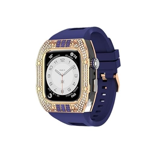 KANUZ Luxus-Diamant-Gehäuse-Modifikationsset für iWatch 8, 7, 6, SE, 5, 4, Gummiband, 44 mm, 45 mm, für Apple Watch, Metallbeze-Uhrenarmband (Farbe: Diamant-Blau, Größe: 44 mm) von KANUZ