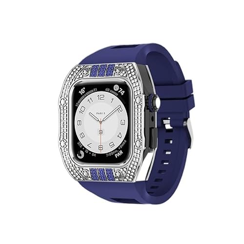 KANUZ Luxus-Diamant-Gehäuse-Modifikationsset für iWatch 8, 7, 6, SE, 5, 4, Gummiband, 44 mm, 45 mm, für Apple Watch, Metallbeze-Uhrenarmband (Farbe: Diamant-Blau, Größe: 44 mm) von KANUZ