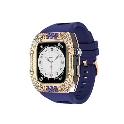 KANUZ Luxus-Diamant-Gehäuse-Modifikationsset für iWatch 8, 7, 6, SE, 5, 4, Gummiband, 44 mm, 45 mm, für Apple Watch, Metallbeze-Uhrenarmband (Farbe: Diamant-Blau, Größe: 45 mm) von KANUZ