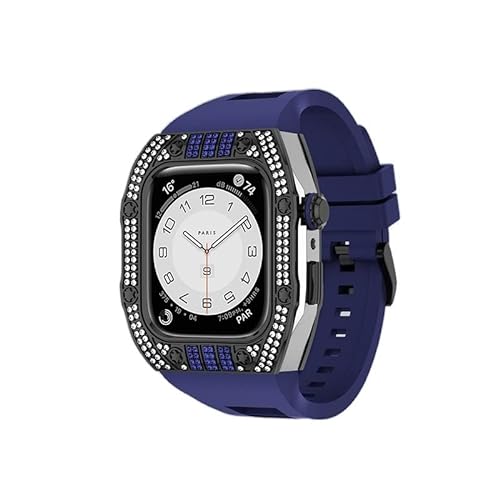 KANUZ Luxus-Diamant-Gehäuse-Modifikationsset für iWatch 8, 7, 6, SE, 5, 4, Gummiband, 44 mm, 45 mm, für Apple Watch, Metallbeze-Uhrenarmband (Farbe: Diamant-Blau, Größe: 45 mm) von KANUZ
