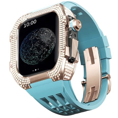 KANUZ Mod-Kit für Apple Watch Serie 6, 5, 4, SE, 44 mm, Gehäuse aus Titanlegierung und Gummiband für iWatch 6, SE, 5, 4, 44 mm, Ersatz-Uhrenarmbandzubehör (Farbe: Blau 2, Größe: 44 mm) von KANUZ