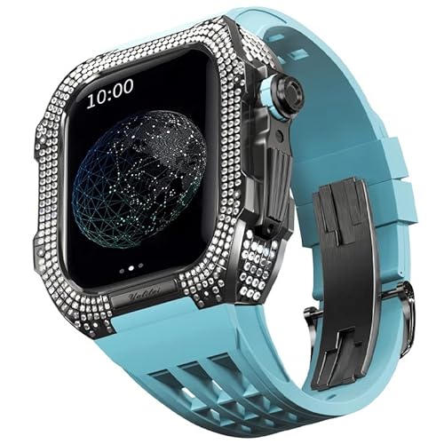 KANUZ Mod-Kit für Apple Watch Serie 6, 5, 4, SE, 44 mm, Gehäuse aus Titanlegierung und Gummiband für iWatch 6, SE, 5, 4, 44 mm, Ersatz-Uhrenarmbandzubehör (Farbe: Blau 3, Größe: 44 mm) von KANUZ