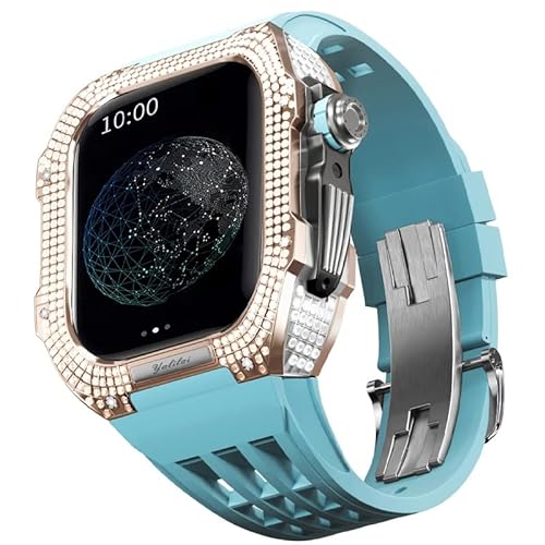 KANUZ Mod-Kit für Apple Watch Serie 6, 5, 4, SE, 44 mm, Gehäuse aus Titanlegierung und Gummiband für iWatch 6, SE, 5, 4, 44 mm, Ersatz-Uhrenarmbandzubehör (Farbe: Blau 4, Größe: 44 mm) von KANUZ