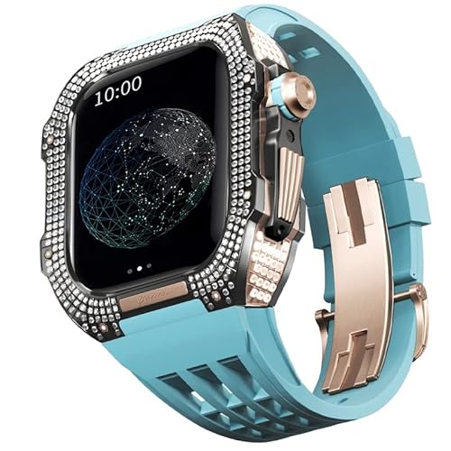 KANUZ Mod-Kit für Apple Watch Serie 6, 5, 4, SE, 44 mm, Gehäuse aus Titanlegierung und Gummiband für iWatch 6, SE, 5, 4, 44 mm, Ersatz-Uhrenarmbandzubehör (Farbe: Blau 7, Größe: 44 mm) von KANUZ