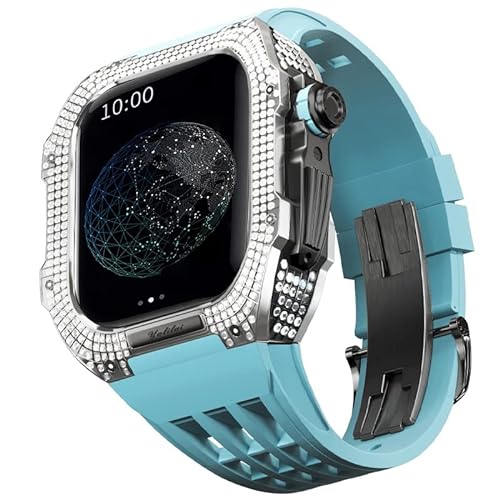 KANUZ Mod-Kit für Apple Watch Serie 6, 5, 4, SE, 44 mm, Gehäuse aus Titanlegierung und Gummiband für iWatch 6, SE, 5, 4, 44 mm, Ersatz-Uhrenarmbandzubehör (Farbe: Blau 8, Größe: 44 mm) von KANUZ