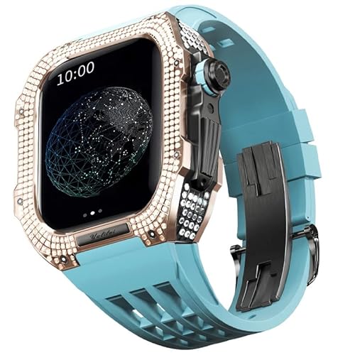 KANUZ Mod-Kit für Apple Watch Serie 6, 5, 4, SE, 44 mm, Gehäuse aus Titanlegierung und Gummiband für iWatch 6, SE, 5, 4, 44 mm, Ersatz-Uhrenarmbandzubehör (Farbe: Blau 9, Größe: 44 mm) von KANUZ