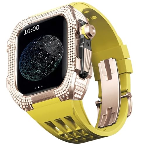 KANUZ Mod-Kit für Apple Watch Serie 6, 5, 4, SE, 44 mm, Gehäuse aus Titanlegierung und Gummiband für iWatch 6, SE, 5, 4, 44 mm, Ersatz-Uhrenarmbandzubehör (Farbe: Gelb 2, Größe: 44 mm) von KANUZ