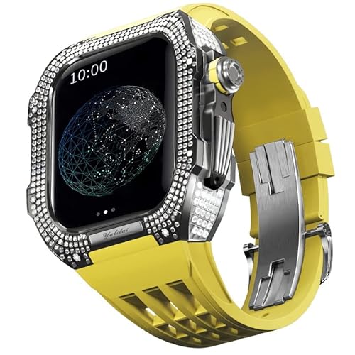 KANUZ Mod-Kit für Apple Watch Serie 6, 5, 4, SE, 44 mm, Gehäuse aus Titanlegierung und Gummiband für iWatch 6, SE, 5, 4, 44 mm, Ersatz-Uhrenarmbandzubehör (Farbe: Gelb 5, Größe: 44 mm) von KANUZ