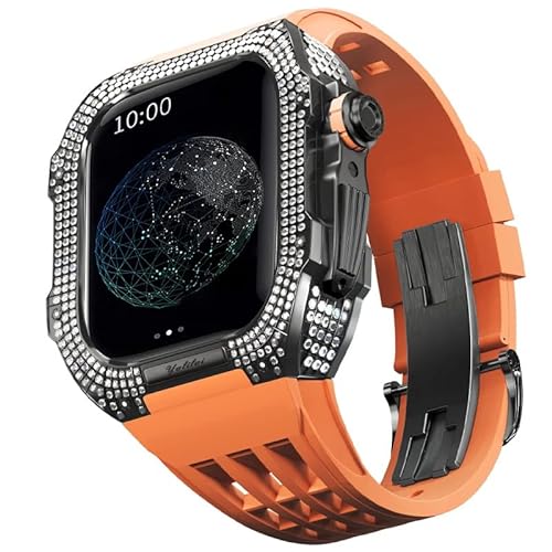 KANUZ Mod-Kit für Apple Watch Serie 6, 5, 4, SE, 44 mm, Gehäuse aus Titanlegierung und Gummiband für iWatch 6, SE, 5, 4, 44 mm, Ersatz-Uhrenarmbandzubehör (Farbe: Orange 3, Größe: 44 mm) von KANUZ