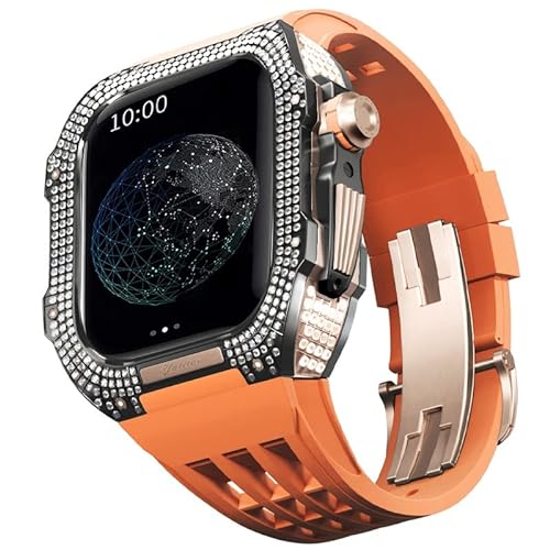 KANUZ Mod-Kit für Apple Watch Serie 6, 5, 4, SE, 44 mm, Gehäuse aus Titanlegierung und Gummiband für iWatch 6, SE, 5, 4, 44 mm, Ersatz-Uhrenarmbandzubehör (Farbe: Orange 7, Größe: 44 mm) von KANUZ