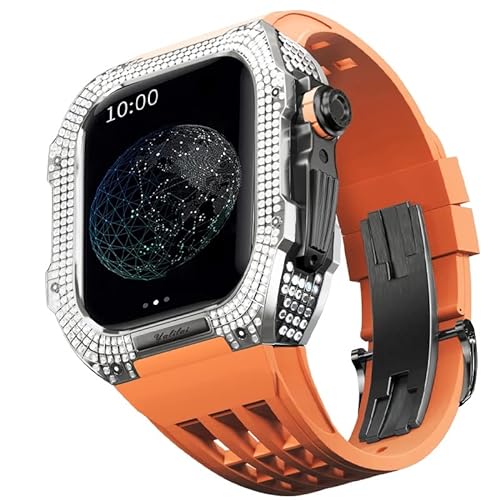 KANUZ Mod-Kit für Apple Watch Serie 6, 5, 4, SE, 44 mm, Gehäuse aus Titanlegierung und Gummiband für iWatch 6, SE, 5, 4, 44 mm, Ersatz-Uhrenarmbandzubehör (Farbe: Orange 8, Größe: 44 mm) von KANUZ