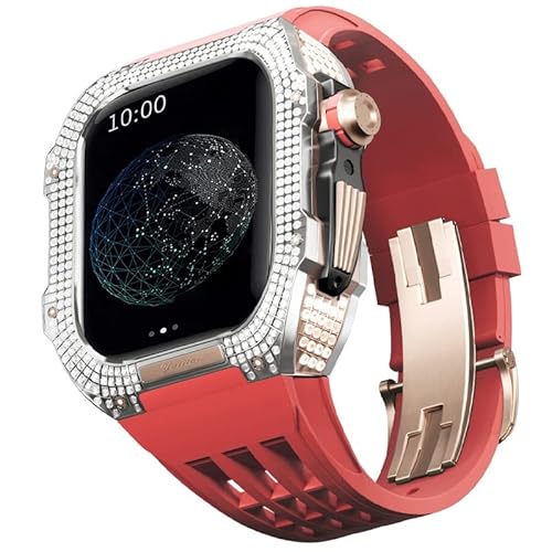 KANUZ Mod-Kit für Apple Watch Serie 6, 5, 4, SE, 44 mm, Gehäuse aus Titanlegierung und Gummiband für iWatch 6, SE, 5, 4, 44 mm, Ersatz-Uhrenarmbandzubehör (Farbe: Rot 6, Größe: 44 mm) von KANUZ