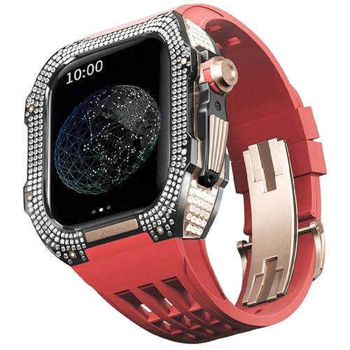 KANUZ Mod-Kit für Apple Watch Serie 6, 5, 4, SE, 44 mm, Gehäuse aus Titanlegierung und Gummiband für iWatch 6, SE, 5, 4, 44 mm, Ersatz-Uhrenarmbandzubehör (Farbe: Rot 7, Größe: 44 mm) von KANUZ