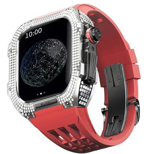 KANUZ Mod-Kit für Apple Watch Serie 6, 5, 4, SE, 44 mm, Gehäuse aus Titanlegierung und Gummiband für iWatch 6, SE, 5, 4, 44 mm, Ersatz-Uhrenarmbandzubehör (Farbe: Rot 8, Größe: 44 mm) von KANUZ
