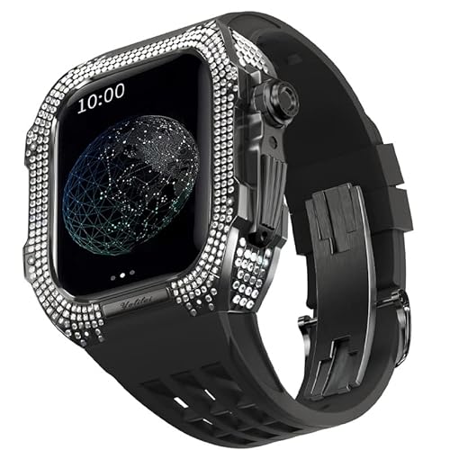 KANUZ Mod-Kit für Apple Watch Serie 6, 5, 4, SE, 44 mm, Gehäuse aus Titanlegierung und Gummiband für iWatch 6, SE, 5, 4, 44 mm, Ersatz-Uhrenarmbandzubehör (Farbe: Schwarz 3, Größe: 44 mm) von KANUZ