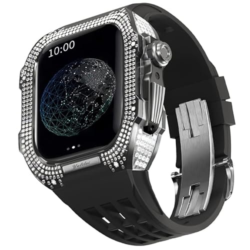 KANUZ Mod-Kit für Apple Watch Serie 6, 5, 4, SE, 44 mm, Gehäuse aus Titanlegierung und Gummiband für iWatch 6, SE, 5, 4, 44 mm, Ersatz-Uhrenarmbandzubehör (Farbe: Schwarz 5, Größe: 44 mm) von KANUZ